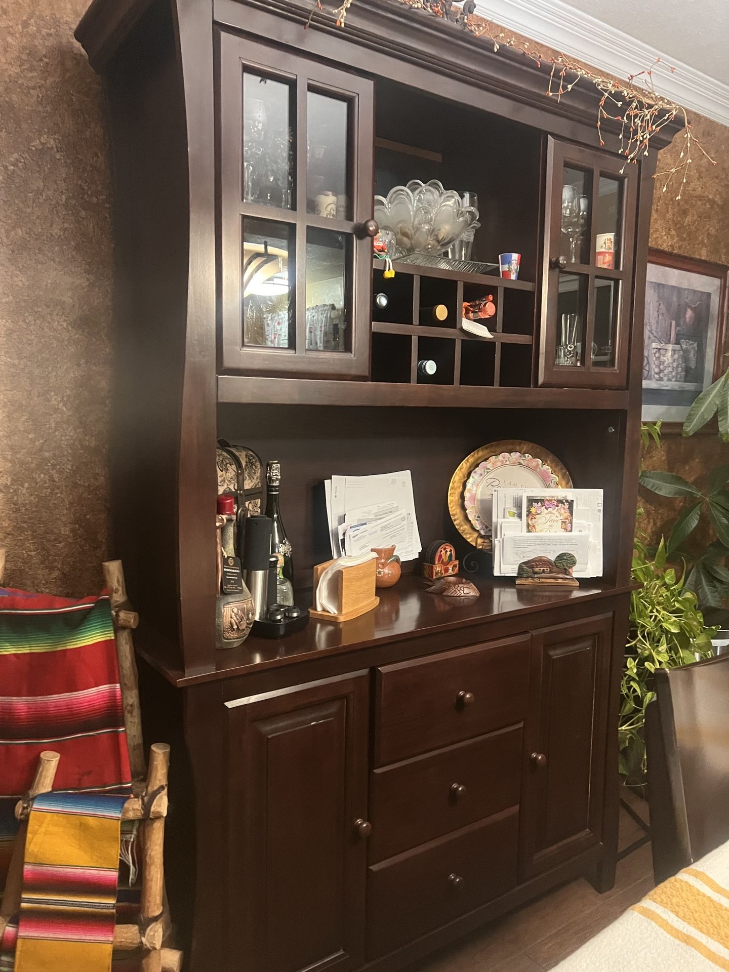 Dinning Set 6 Chairs And Dark Cherry Buffet With Hutch