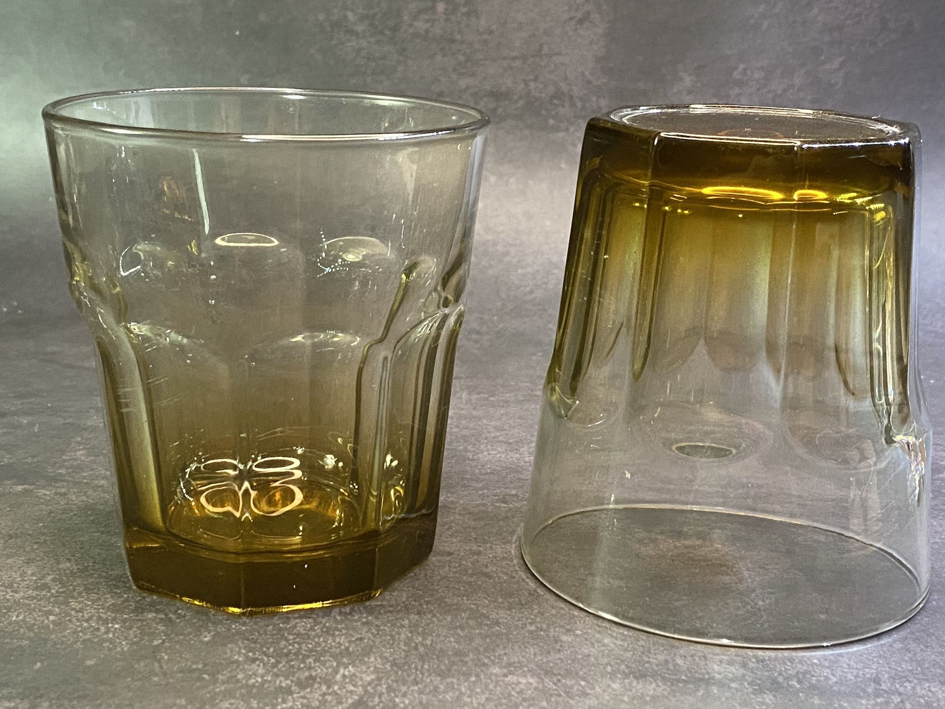 Set of (2) Vintage Libbey Duratuff Gibraltar Rocks Glasses, 9 oz Mocha Amber Old Fashioned Tumblers brown to clear.