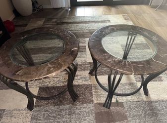Set of 2 Modern Round End Tables – Marble Look with Glass Top