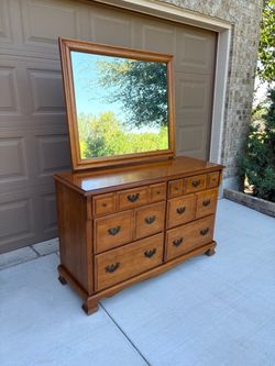 Vintage Wood Dresser with Mirror and Brass Hardware