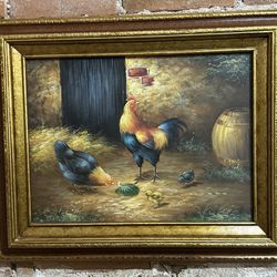 Original Oil Painting Rooster And Chicks, Signed