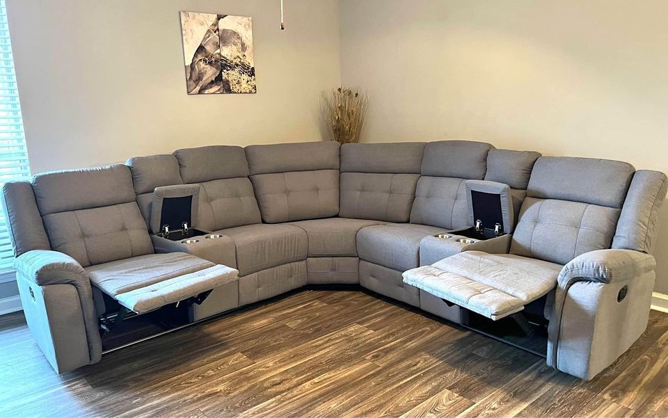 Brand New Grey/Beige Fabric Curve/Corner Recliner Sofa With Cup Holders & Storage Console | Pay After Delivery 