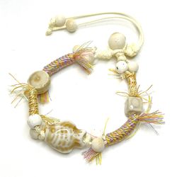 Tan ivory fringe Bracelet beaded ceramic fish beach shag look white