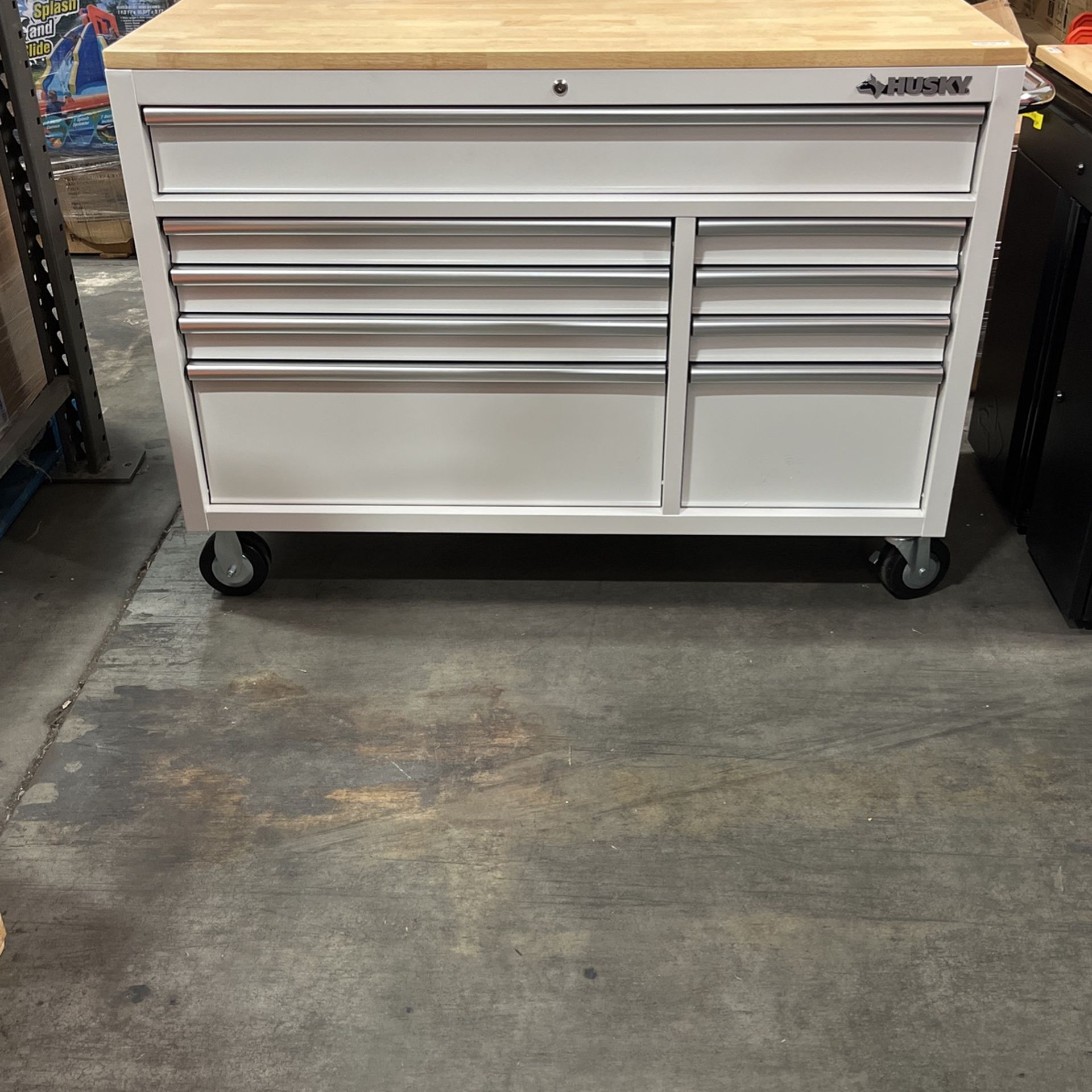 Husky 52 in. W x 25 in. D Standard Duty 9-Drawer Mobile Workbench Tool Chest with Solid Wood Top in Gloss White