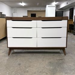 See Page for Matching Nightstand -  MCM Style White & Wood 6 Drawer Dresser Chest