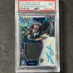 Leonard Fournette RC Auto Player Worn /75 2017 Panini Spectra Neon Blue PSA 9