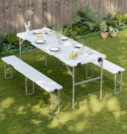 Picnic Table Set with 2 Benches, 6 Feet Folding Camping Table Chair Set with Wood Grain Tabletop, 3-Piece Outdoor Indoor Portable Folding Furniture fo