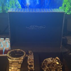 Ed Hardy 3-Piece Gold Tone Watch & Jewelry Set – Boxed