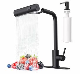 AVSIILE Matte Black Waterfall Kitchen Faucets with Pull Down Sprayer & Soap Dispenser