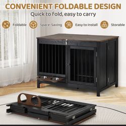 WH 39.4" Furniture-Style Dog Crate for Small & Medium Dogs - Foldable Wood Dog Kennel for Indoor/Outdoor Use, White