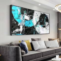Wall Art Abstract Canvas Painting Black Blue Wall Decor Modern 20”x40”