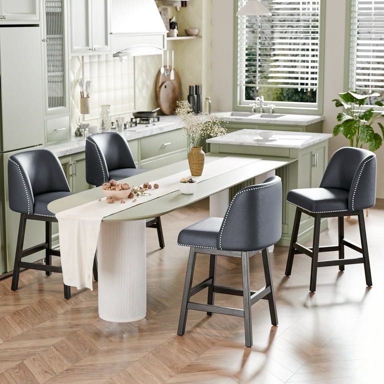 Set of 4 Swivel Bar Stools, Modern Bar Stool, 26” Counter Height Chairs Navy Blue, Solid Wood