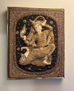 Vintage Framed Burmese Kalaga 3D Tapestry of Embroidered Celestial Apsara Dancer