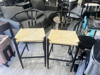 Set Of 2,  26'' Wishbone Counter Stool Weave Bar Stool Mid-Century Modern Metal Barstool Counter-Height Stool Slat Backrest Dining Chair, Black