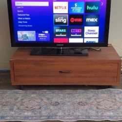 Samsung TV with Roku Adapter & Remote + Stand w/ Drawer Shelf 
