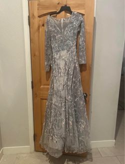 Silver Lace Long Sleeve Evening Gown – Embroidered & Beaded