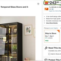 Black Wood Display Cabinet With Tempered Glass Doors and 3-Color LED Lights. 152
