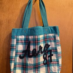 Lined Aeropostale Plaid Flannel Tote Bag turquoise and white
