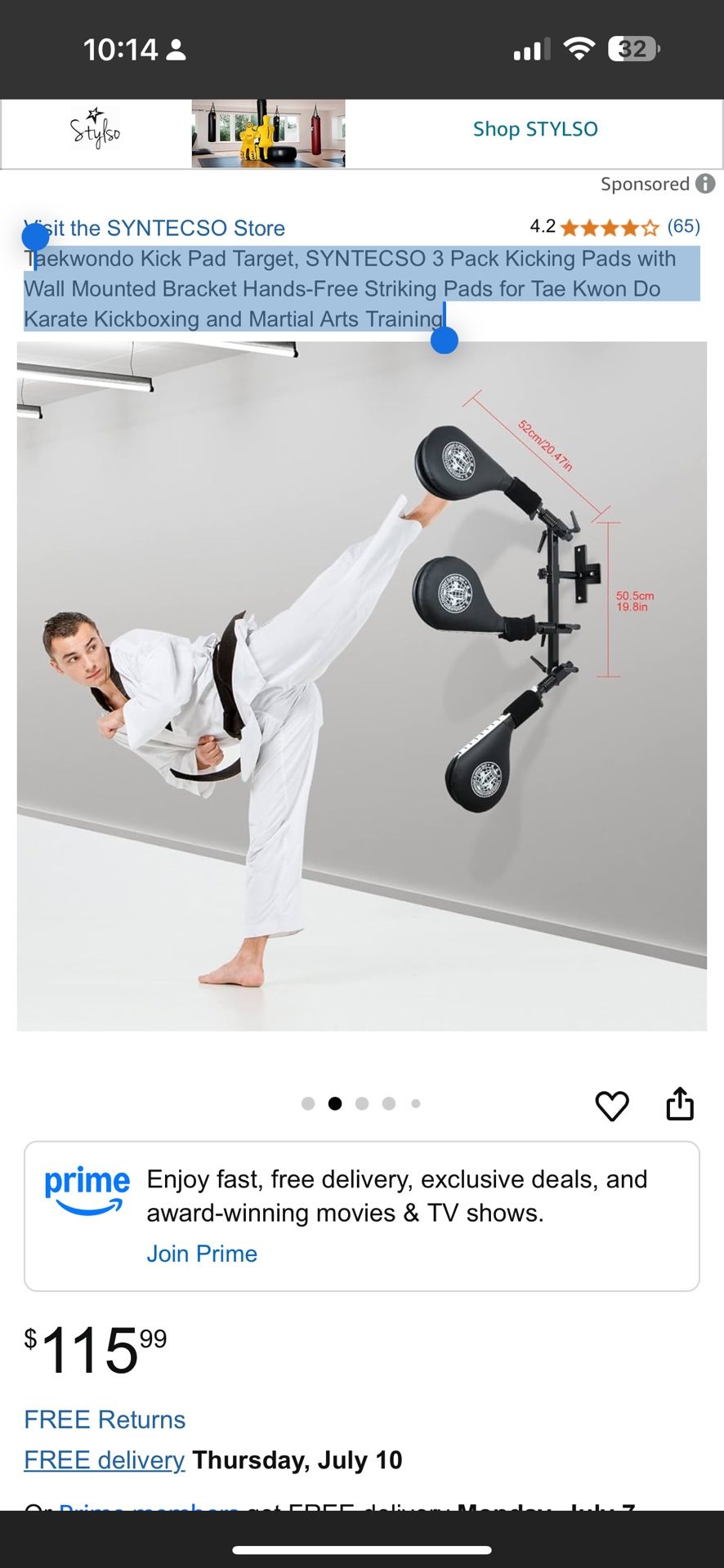 Taekwondo Kick Pad Target, SYNTECSO 3 Pack Kicking Pads with Wall Mounted Bracket Hands-Free Striking Pads for Tae Kwon Do Karate Kickboxing and Marti