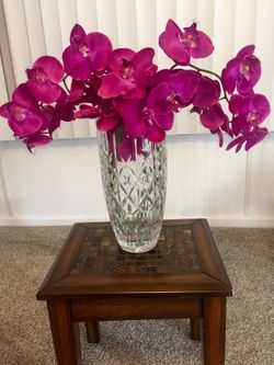 Tall Crystal Large Vase With Faux Orchids