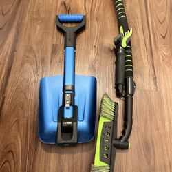 Portable snow shovel and extendable snow brush and ice scraper