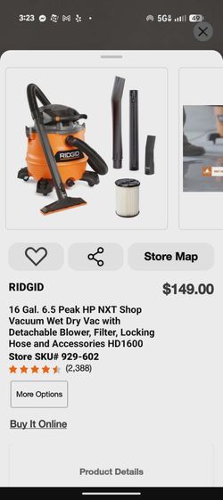 RIDGID 16 Gal. 6.5 Peak HP NXT Shop Vacuum Wet/Dry Vac with Detachable Blower HD1600 – Open Box