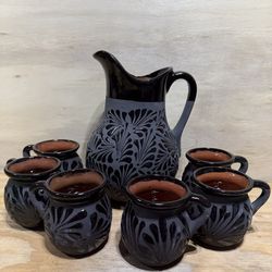 Mexican Engobe Pitcher With Mugs, Pottery.