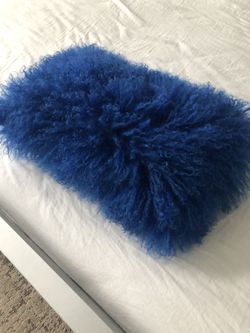 Blue Color Real Mongolian Lamb Fur Pillow, Filled. 12 Inch X 20 Inch Oblong