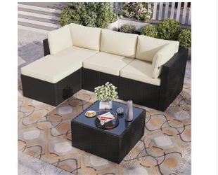 5 Pieces Patio Furniture Set, All-Weather Wicker Rattan Patio Sectional Sofa Set