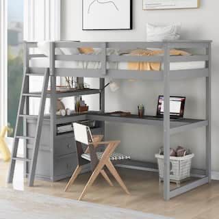 NEW Gray Twin Size Wooden Loft Bed with Built-in Desk, Shelves and Drawers