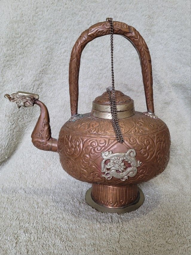 Antique Old Chinese Copper Dragon Wine Tea Pot Tea Kettle Flagon 9 Inches