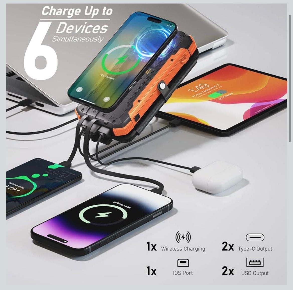 ๐ in ๐ฆ Solar PowerBank 20000mAh Portable Charger Built-in 3Cables&Wireless Charging Battery Pack,IPX5Waterproof,Bright Flashlight Perfect for Campin