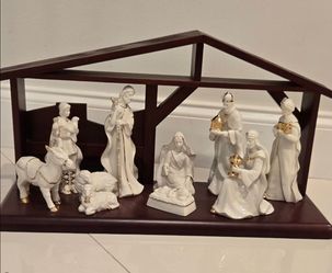 Porcelain Nativity Set with Wood Stable