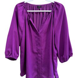 Talbots Purple Satin Hidden-Button Front 3/4 Sleeve Blouse Top Petites Size 14
