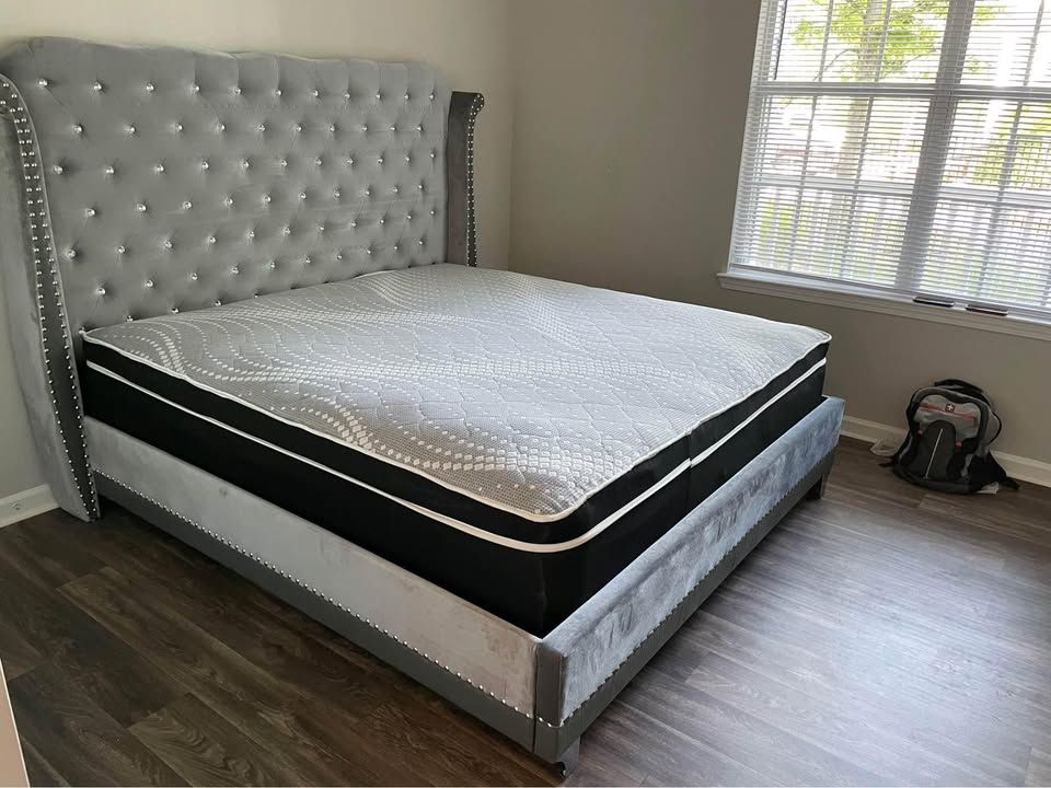 ๐คฉ Brand new grey upholstered tufted platform king & queen size bed frame - Opt mattress | Pay after delivery ๐