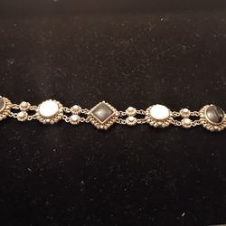 Vintage 925 Sterling Silver Black Onyx Mother Of Pearl Statement Bracelet