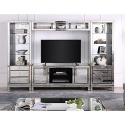 Brand New Omnia 4 Piece Silver Mirrored Entertainment Center