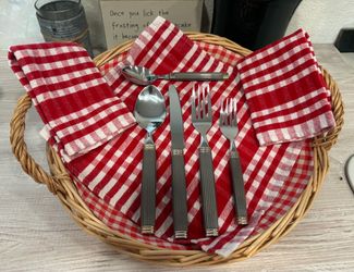 South Hampton Stainless Steel Flatware Setting, Red Gingham Napkins, and Wicker Serving Tray