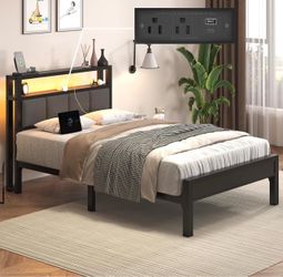 Twin Size Bed Frame with LED Lights and Charging Station, Light Grey Industrial Metal Platform Bed with 2-Tier Upholstered Storage Headboard, No Box S