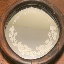 Vintage Mirror With Woden Frame And Etched Roses 