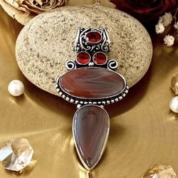 Botswana Agate And Garnet 925 Sterling Silver Overlay Handcrafted Pendant