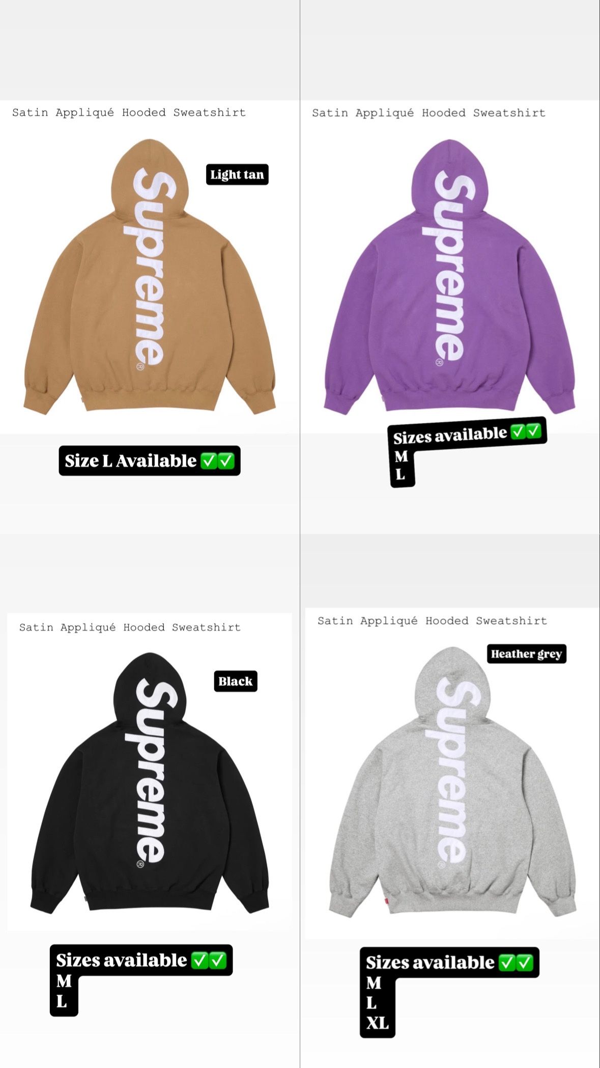 Supreme FW25’ Satin Appliqué Hooded Sweatshirt Black, Grey, Violet, Light Tan