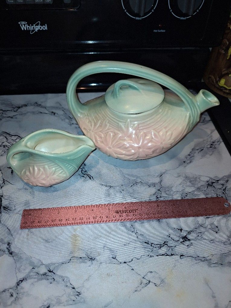 flawless Antique vintage McCoy pink & green daisy teapot & creamer pottery circa MCM