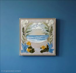 Embroidered textile artwork, from the 1970s, features a detailed seascape framed by tropical foliage. 24"×24"