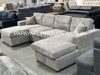 NEW 120" LARGE U Shape Sectional Couch with DOUBLE CHAISE Lounge Set Light Grey Fabric Ashley Style Discount Furniture Clearance BIG SOFA SALE DEAL