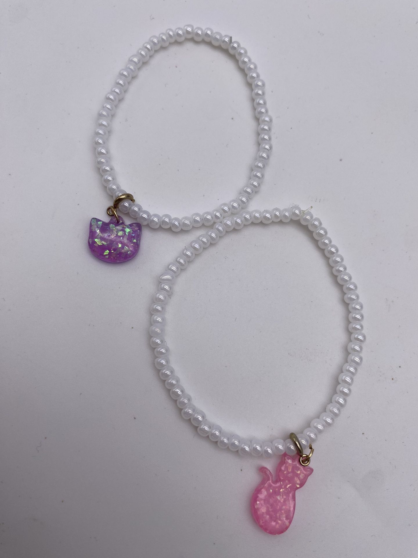 Pair (2) Of Tiny White Pearl Bead Bracelet & Pink/Purple Cat Charm