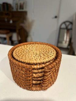Vintage Woven Rattan Coaster Set with Holder – Boho Wicker
