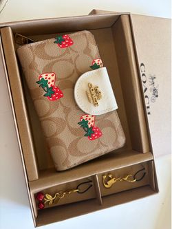 Coach Strawberry Print Zip-Around Wallet Logo Pattern Credit Card Women's