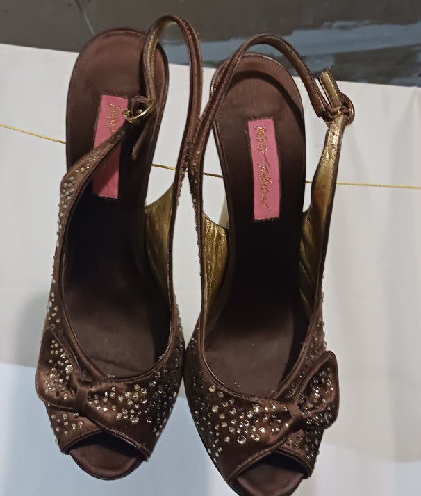 Betsey Johnson Hayden Bronze Crystal shoes with brown clear heels

