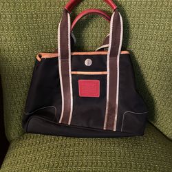 Vintage Coach purse - black satin, with tan and red leather accents